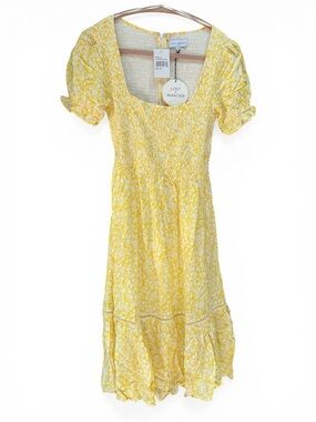 Lost + Wander Yellow Floral Smocked Midi Dress with Puff Sleeves XS sweet summer
